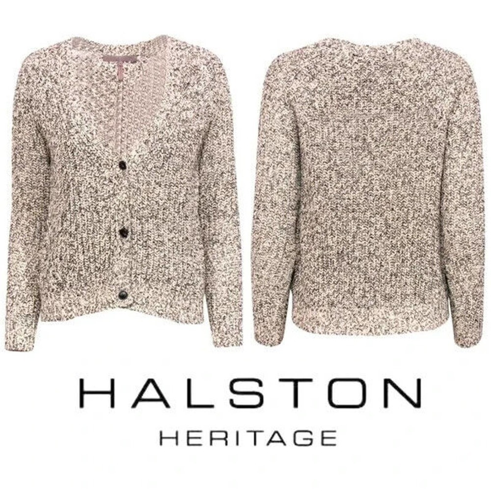 Halston Heritage Beige & Black Heathered Knit Button Front V-Neck Cardigan Small